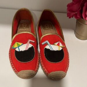 Tory Burch Red Canvas Espadrilles with Cocktail Patch and Gold Trim